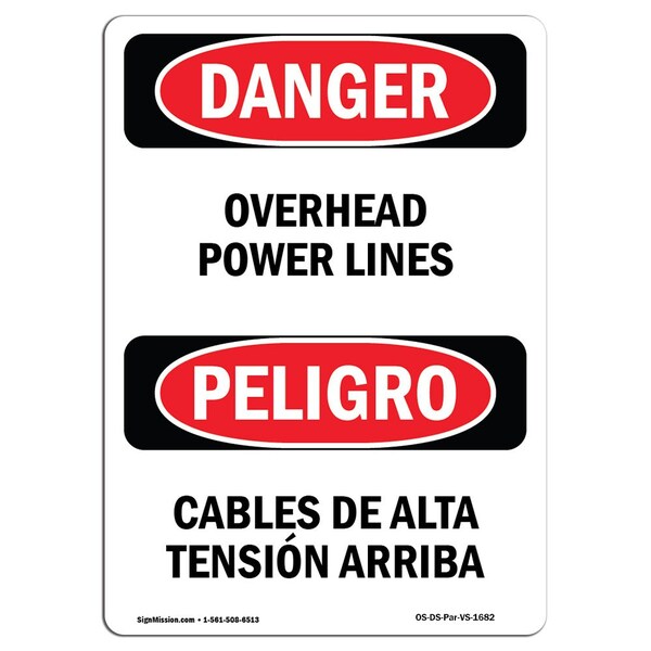 Safety Sign, OSHA Danger, 5" Height, Overhead Power Lines Bilingual Spanish, 10PK
